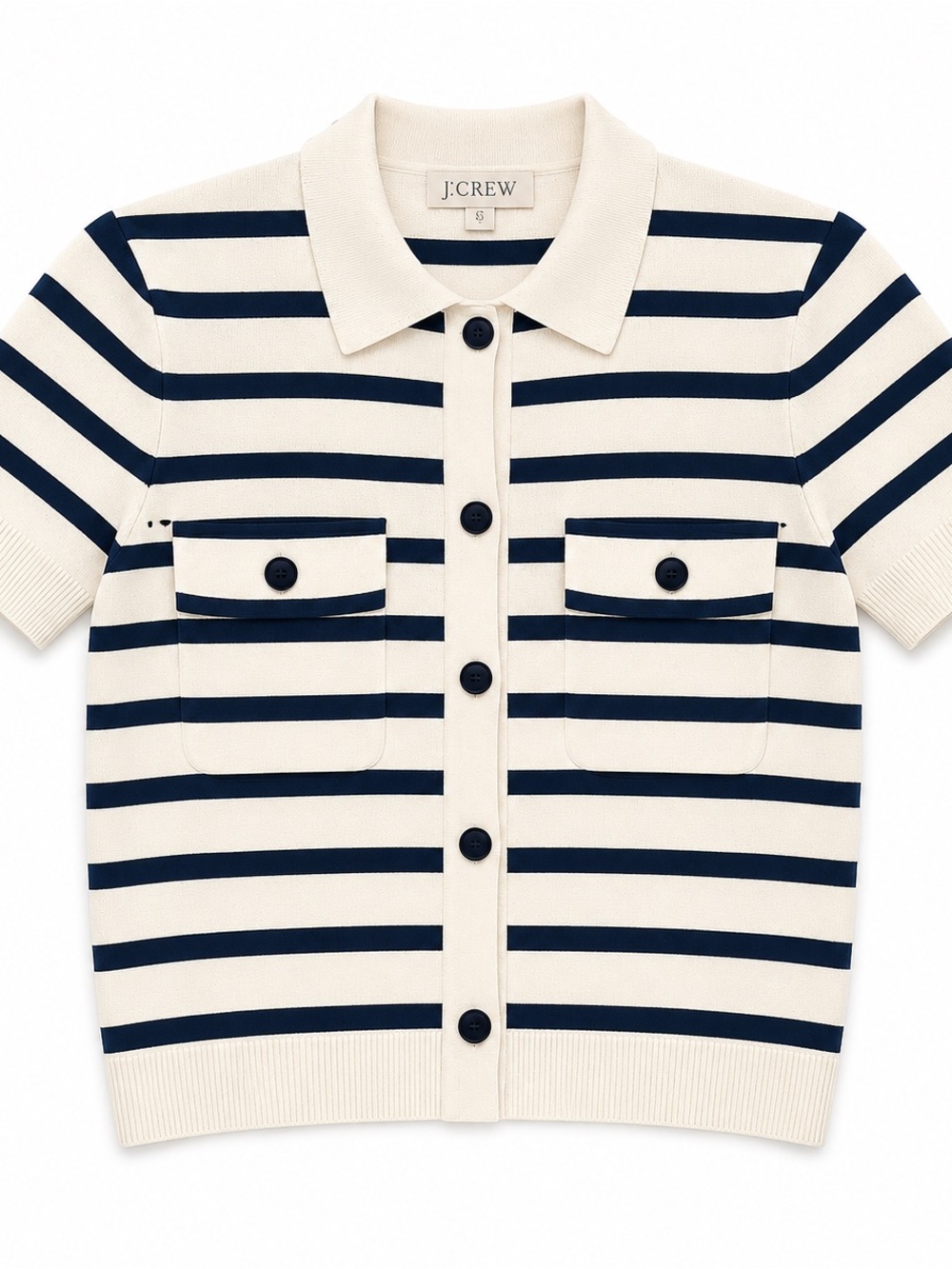 J. Crew Navy and Cream Striped Short-Sleeve Polo Cardigan
